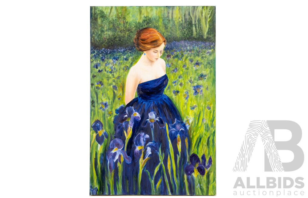 Angela Stankovic, (20th Century, Australian), Lady in Purple, Lovely Original Oil on Canvas, 91H x 61W cm (frame)