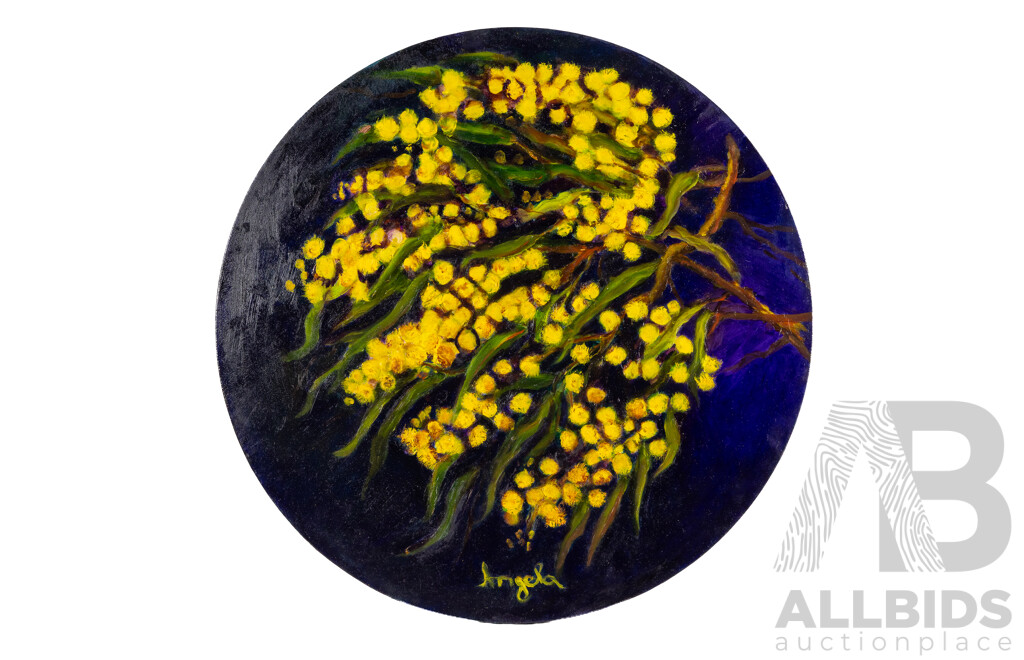 Angela Stankovic (20th Century, Australian), Mimosa, Wonderful Original Oil on Canvas, 51H x 51W cm (sphere dimensions)