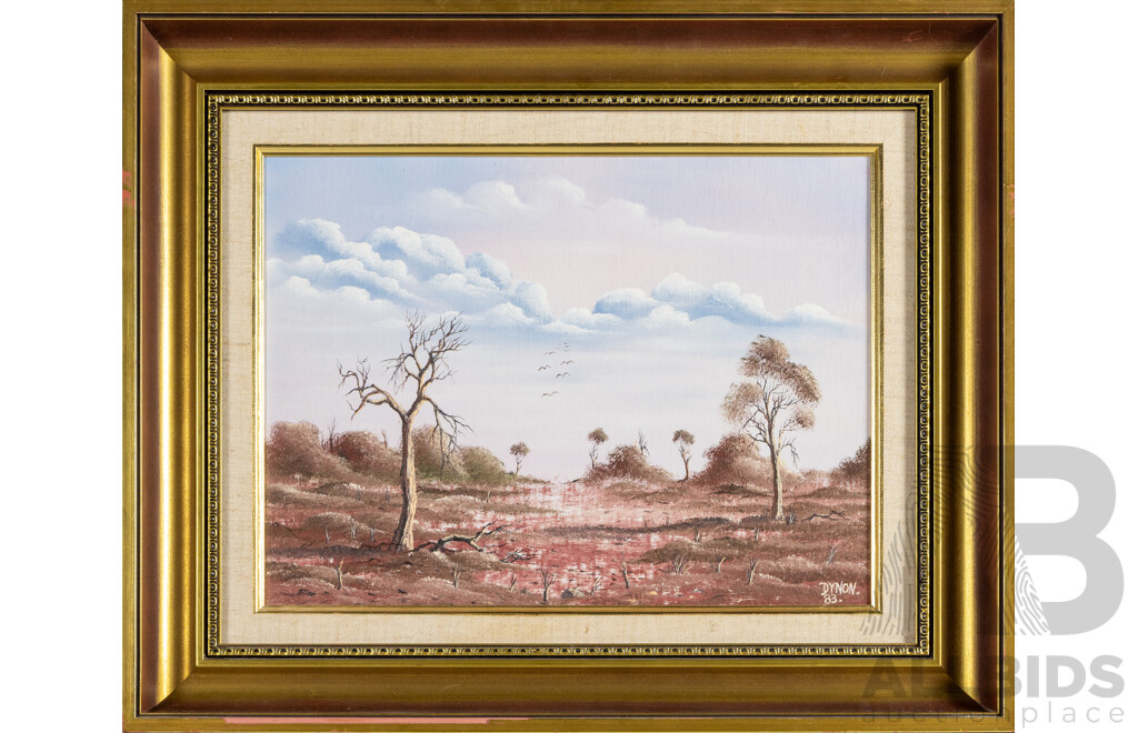 John Dynon (20th Century, Australian,1954-), Birds Over Mundi Mundi Sand Hills (1983), Original Oil on Canvas Board, 46H x 56W cm (frame)