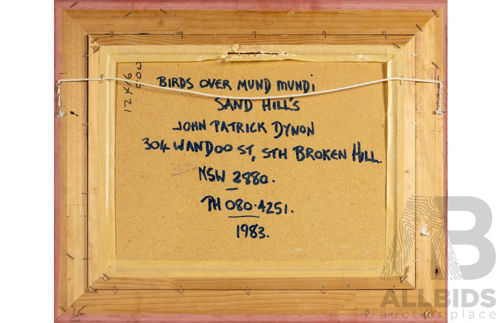 John Dynon (20th Century, Australian,1954-), Birds Over Mundi Mundi Sand Hills (1983), Original Oil on Canvas Board, 46H x 56W cm (frame)