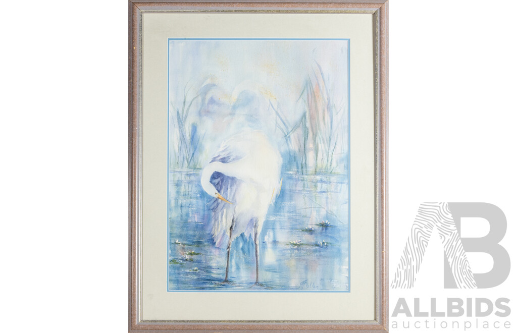Joy Cullen, (20th Century, Australian), Preening Egret, Original Watercolour, 95H x 74W cm (frame)
