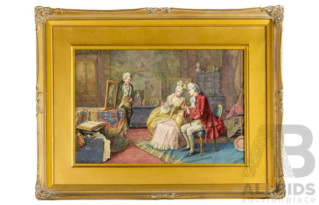 Antonio Moretti (19/20th Centuries, Italian, 1881-1965), Parlour Scene with Painting, Wonderful Antique Watercolour, 60H x 77W cm (frame)