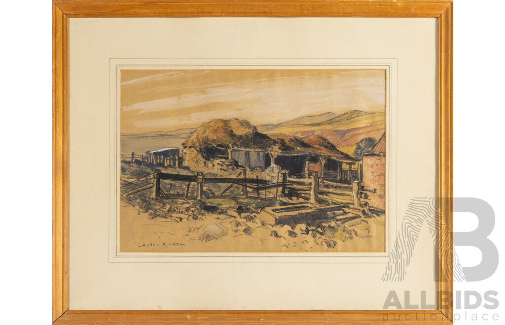 Anton David Riebe (20th Century, Australian, 1904-1987), Old Shearing Shed, Original Vintage Watercolour, Gouache & Pastel, 61.5H x 76.5W cm (frame)