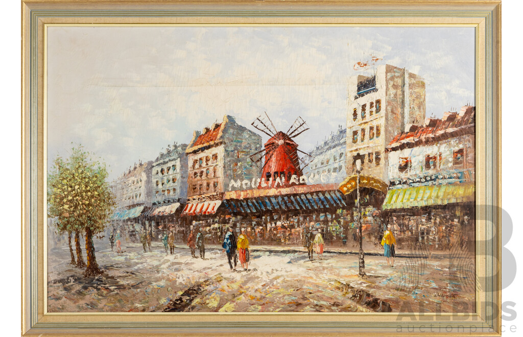 Caroline Burnett, (19/20th Centuries, American, 1877-1950), Moulin Rouge, Parisian Street Scene, Original Mid Century Oil on Canvas, 71H x 101W cm (frame)