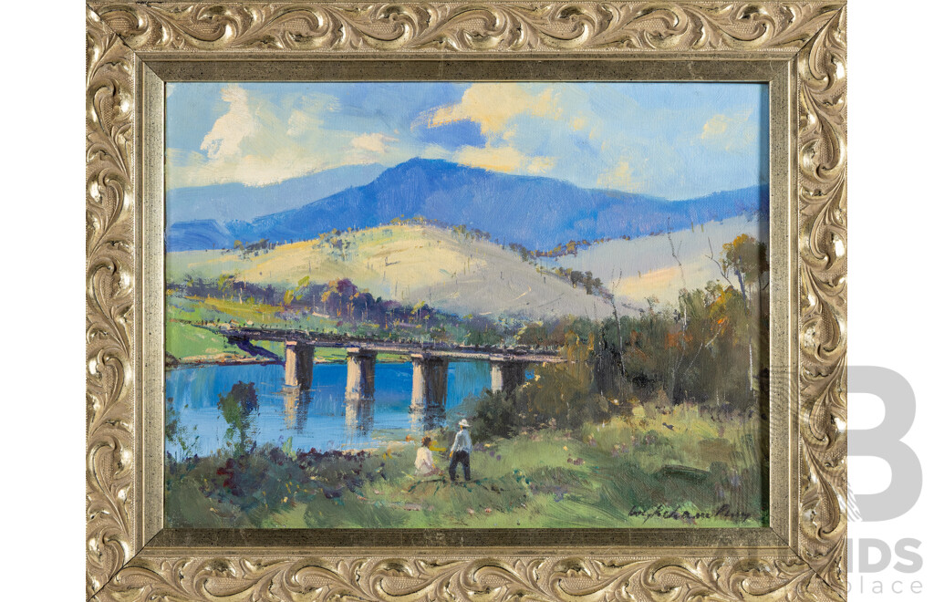 Wykeham Perry, (20th Century, Australian, 1936-2021), by the Bridge, Wonderful Original Vintage Oil on Canvas Board, 40H x 50W cm (frame)