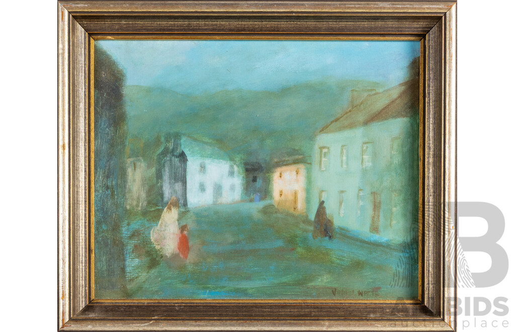 Verney Watts, (20th Century, Australian, Active c1960-70s), Village Scene, Wonderful Original Vintage Oil on Masonite, 32H x 39W cm (frame)
