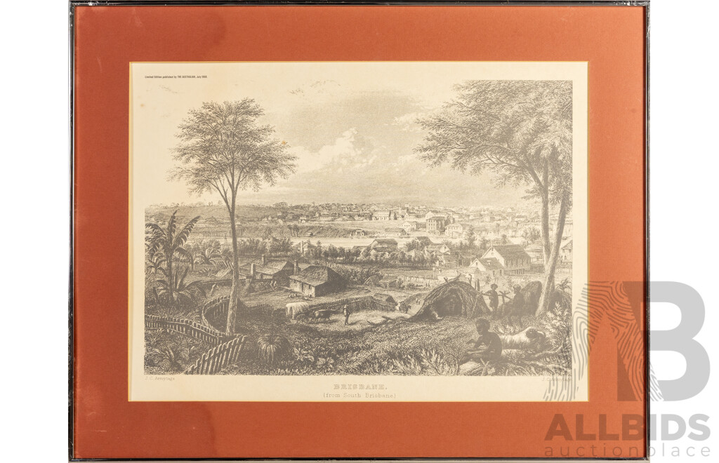 Brisbane (From South Brisbane) (1968), Historic Vintage Print, After Original Painting & Engraving by J.C.Armytage (c1874), 65H x 82W cm (frame)