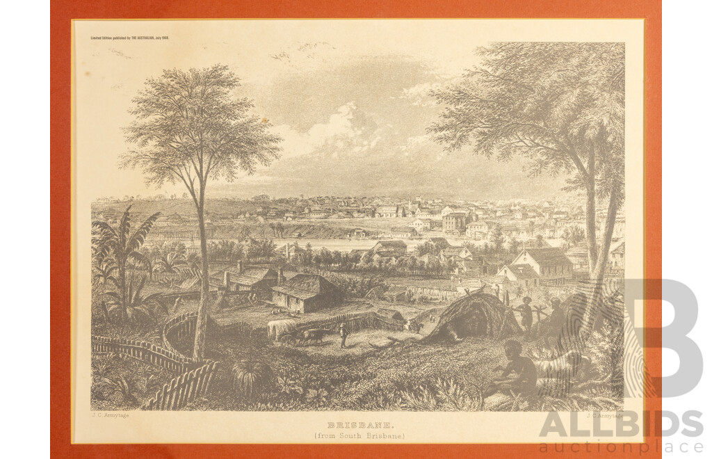 Brisbane (From South Brisbane) (1968), Historic Vintage Print, After Original Painting & Engraving by J.C.Armytage (c1874), 65H x 82W cm (frame)