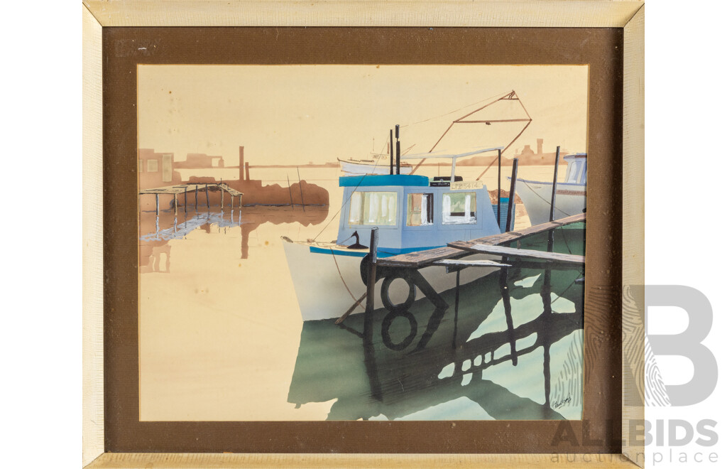 T.Paul Boyd (20th Century, Australian), Trawler at Rest, Vintage Watercolour, 43H x 52W cm (frame)