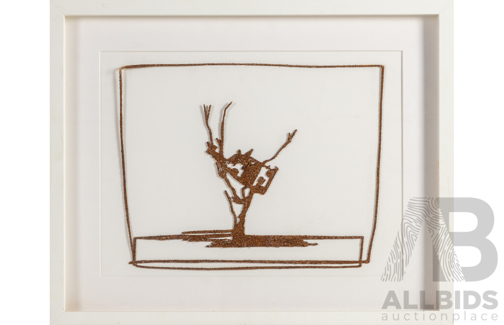 John Kelly (20th Century, British Born Australian, 1965-) Cow Up a Tree, Metal Drawing, Mild Steel Rusted, Open Edition, 42 H x 52 W cm (frame)