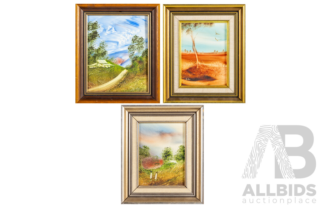 Jim Crofts, (20th Century, Australian, 1922-), Untitled - Toward Day's End, Settlers Cottage & Scrub Country, Collection of Three Original Oil on Masonite Boards, 32H x 26W cm (frame Largest) (3)