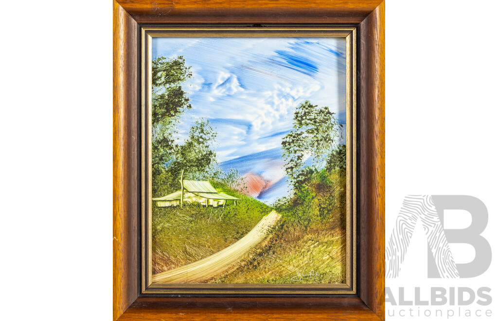 Jim Crofts, (20th Century, Australian, 1922-), Untitled - Toward Day's End, Settlers Cottage & Scrub Country, Collection of Three Original Oil on Masonite Boards, 32H x 26W cm (frame Largest) (3)