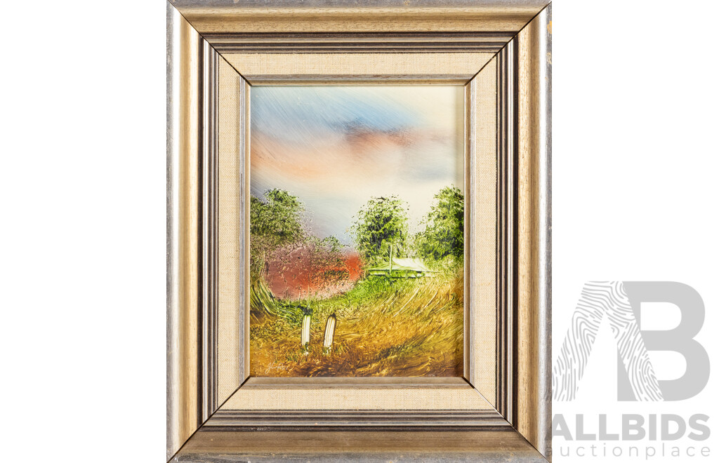 Jim Crofts, (20th Century, Australian, 1922-), Untitled - Toward Day's End, Settlers Cottage & Scrub Country, Collection of Three Original Oil on Masonite Boards, 32H x 26W cm (frame Largest) (3)