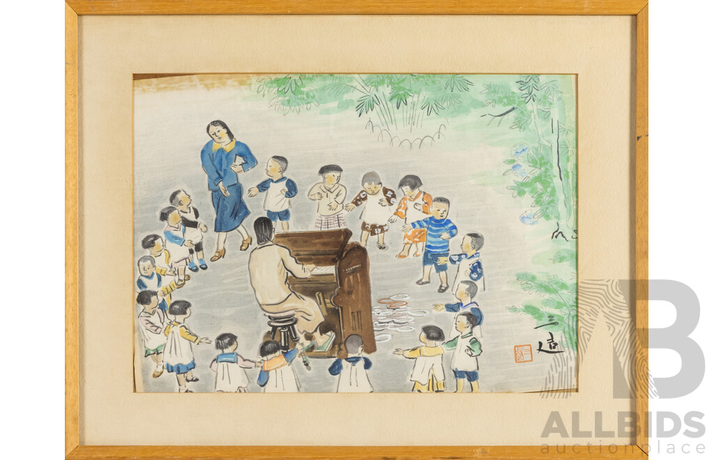Sanzo Wada (19/20th Centuries, Japanese, 1883-1967), Kindergarten Teacher, Original Vintage Woodblock Print After Original From 1941, 38H x 47W cm (frame)