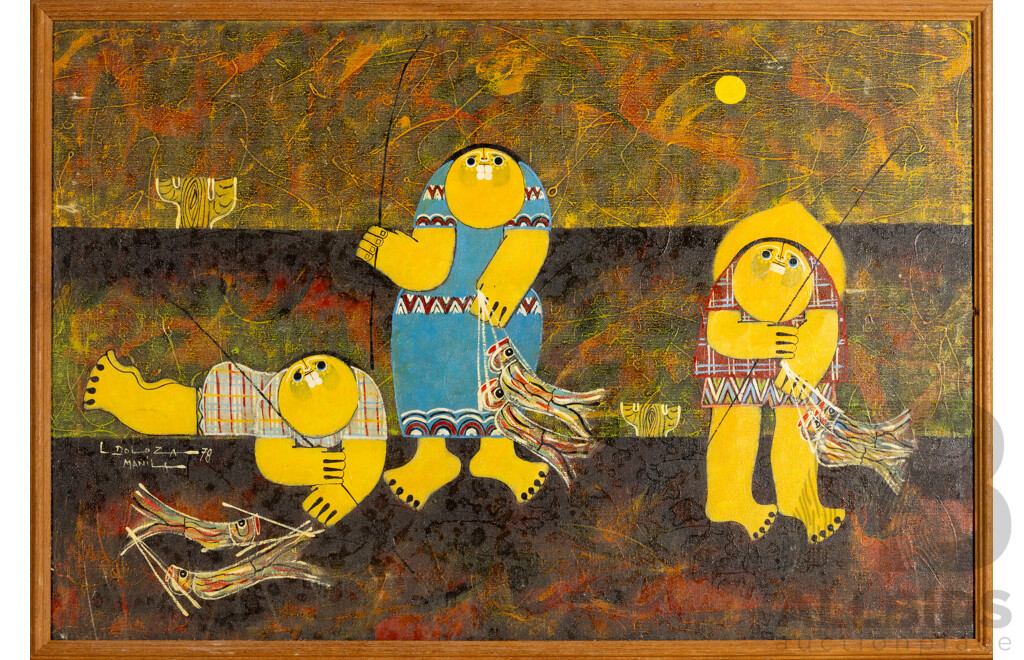 L.Doloza (20th Century, Filipino), (Untitled) Trio Fishing (1978), Fabulous Original Vintage Mixed Media Oil on Board, 64H x 93W cm (frame)