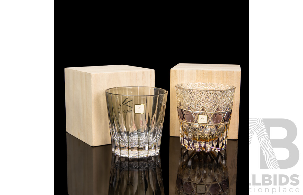 Pair of Japanese Kagami Crystal Edo Kiriko Tumblers in Paulownia Boxes