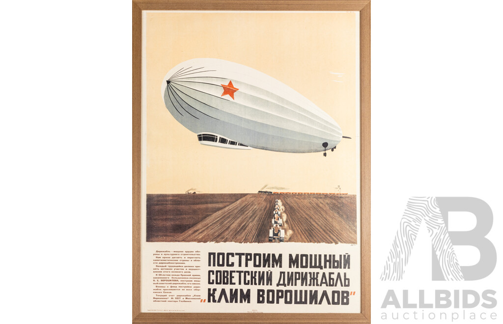 Reproduction Poster Print of Original 1930 Soviet Propaganda Poster Promoting Construction of the Klim Voroshilov Airship, 104H x 76W cm (frame)