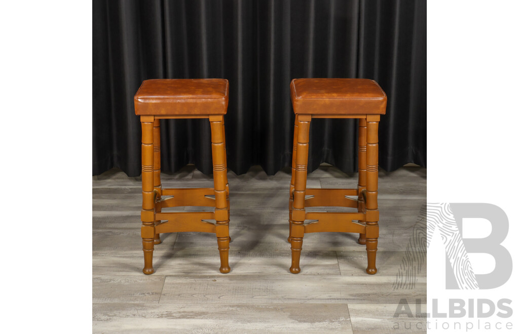 Pair of Timber Barstools with Vinyl Tops