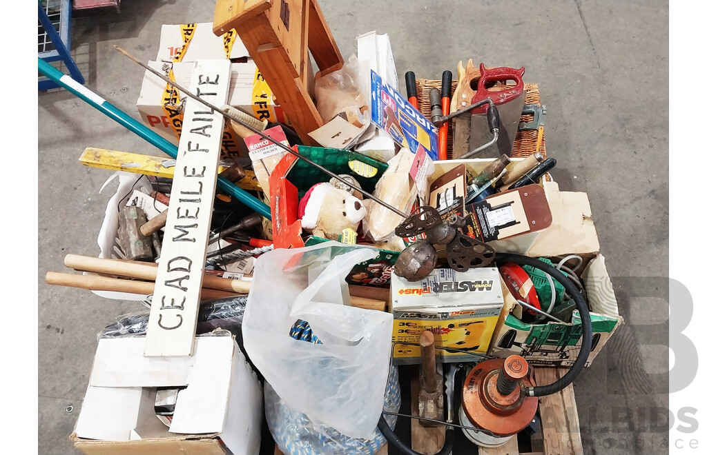 Pallet of Assorted Tools, Hammers, Drill Bits, Hedge Shears and More