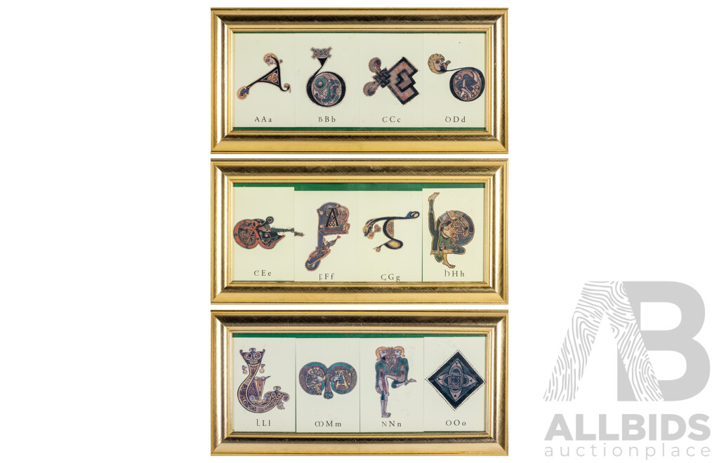Framed Reproduced Illuminated Letters on Postcards, of the Alphabet From the Book of Kells, 29H x 60W cm (frames) (3)