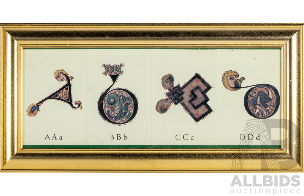 Framed Reproduced Illuminated Letters on Postcards, of the Alphabet From the Book of Kells, 29H x 60W cm (frames) (3)