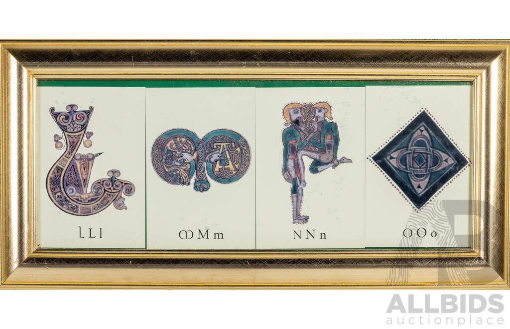 Framed Reproduced Illuminated Letters on Postcards, of the Alphabet From the Book of Kells, 29H x 60W cm (frames) (3)