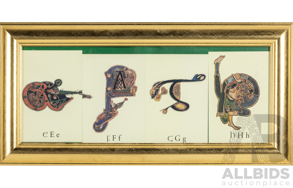 Framed Reproduced Illuminated Letters on Postcards, of the Alphabet From the Book of Kells, 29H x 60W cm (frames) (3)