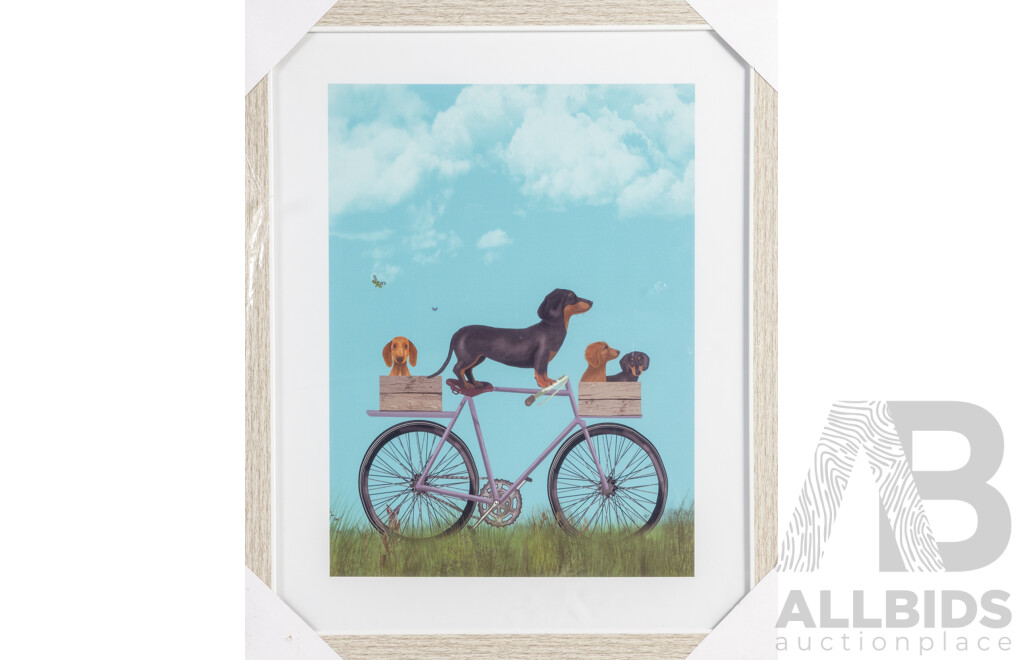Fab Funky (20th Century, British), Dachshunds on a Bicycle, Original Colour Print, 54H x 44W cm (frame)