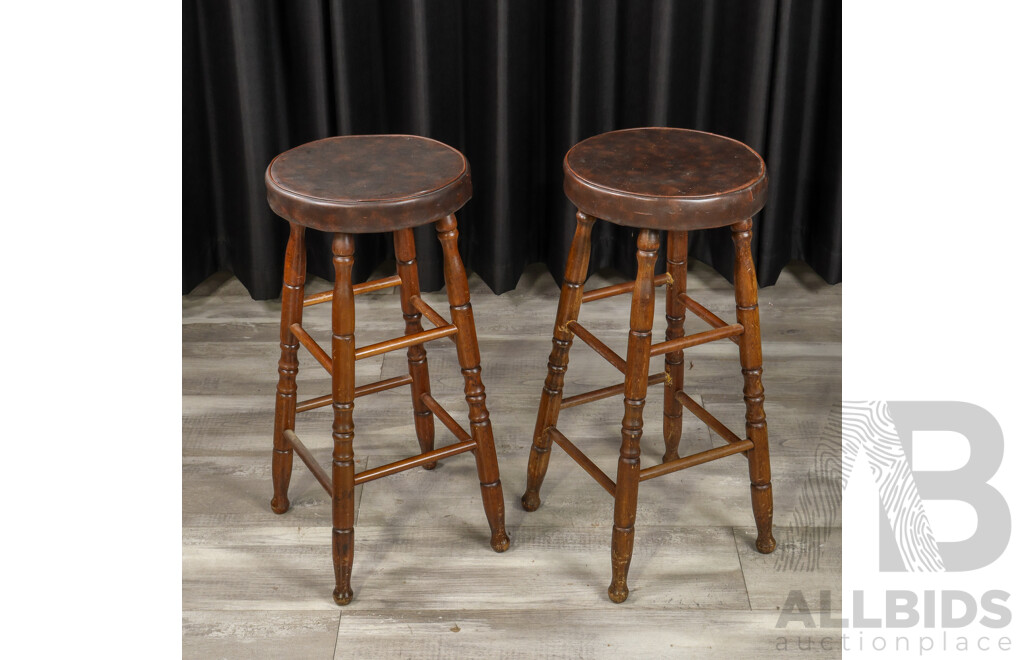 Pair of Leather Top Timber Bar Stools