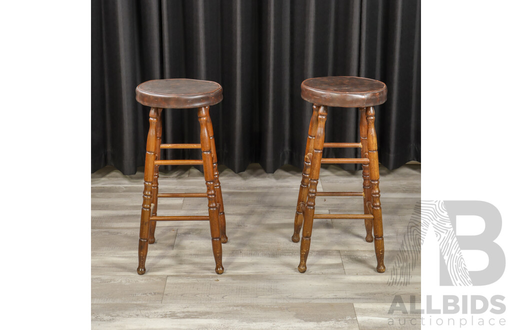 Pair of Leather Top Timber Bar Stools