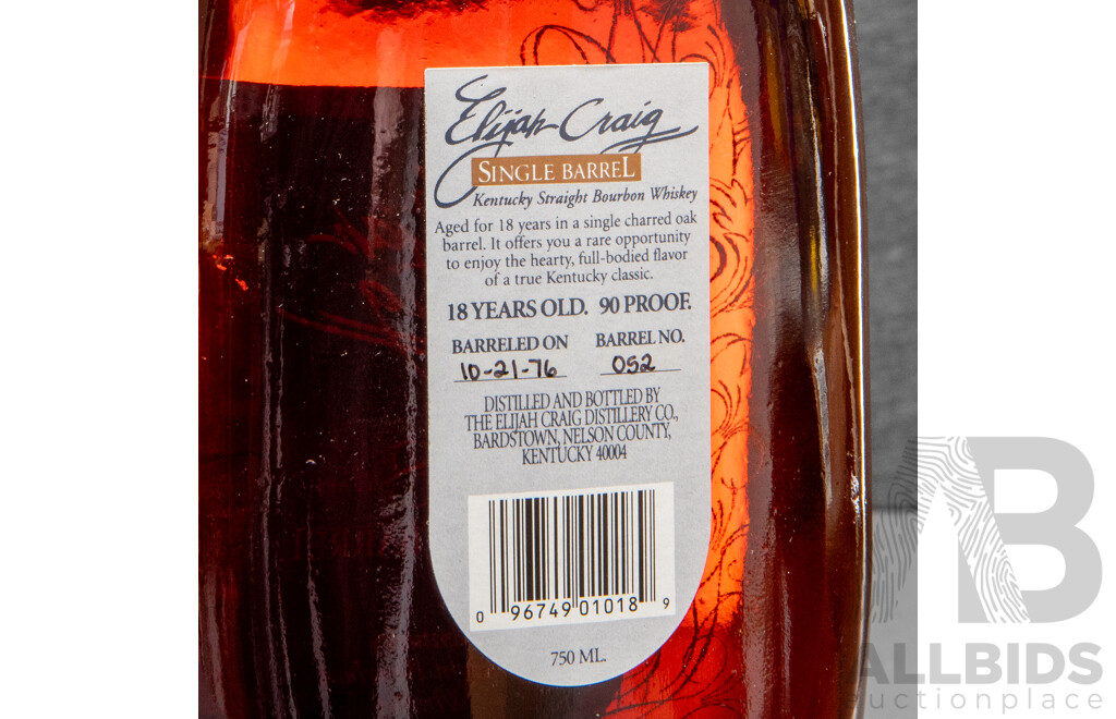 Vintage Elijah Craig Single Barrel Kentucky Straight Bourbon Whiskey, Aged 18 Years, in Presentation Tube, Barreled 10/21/1976