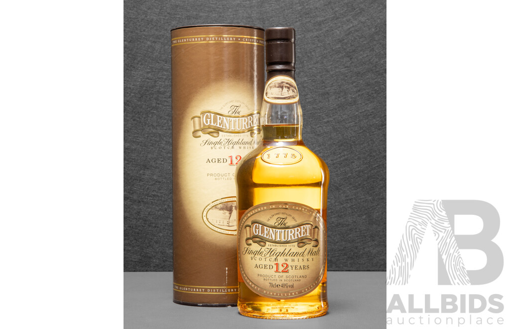 Vintage Glenturret Single Highland Malt Scotch Whisky in Presentation Tube, 1990's Bottling