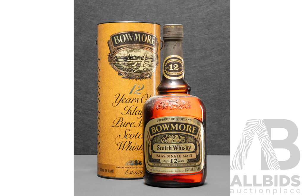 Vintage Bowmore Islay 12 Year Old Pure Malt Scotch Whisky in Presentation Tube, Circa 1980's