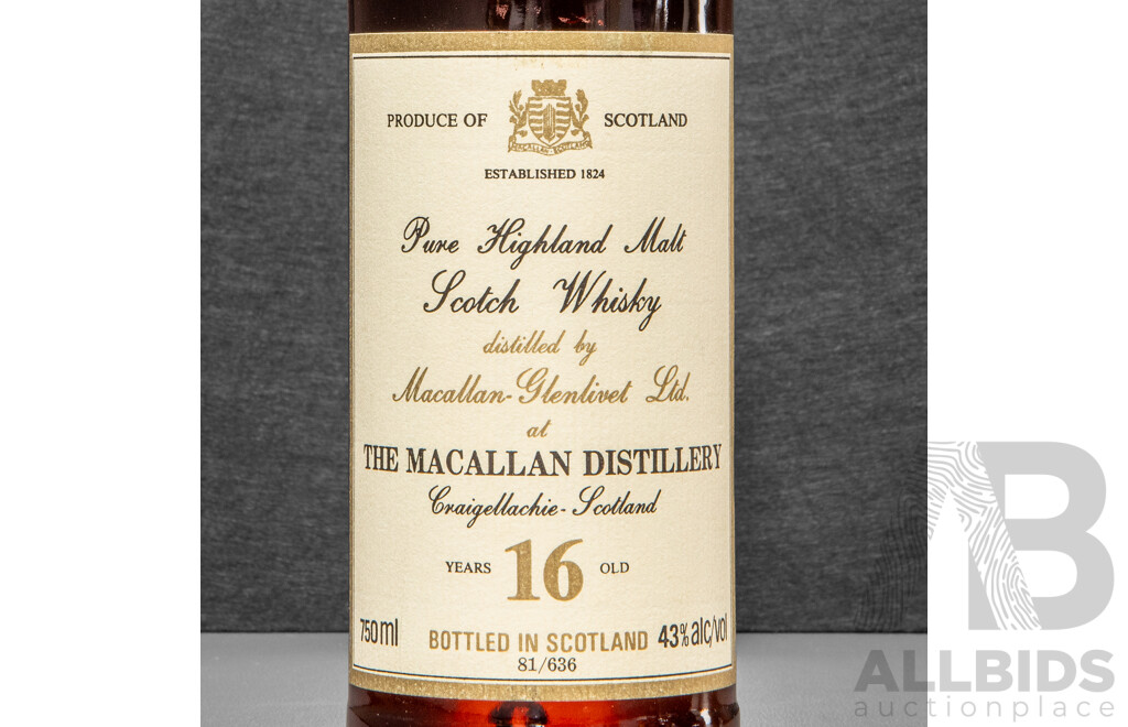 Vintage the Macallan Distillery Pure Highland Malt Scotch Whisky, Early 1980's Bottling