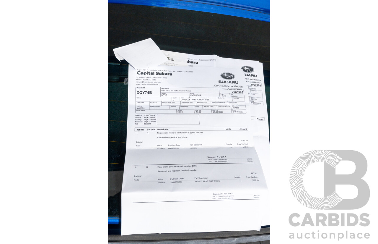 07/2017 Subaru WRX STI Premium (AWD) MY17 4D Sedan Lapis Blue Turbo 2.5L