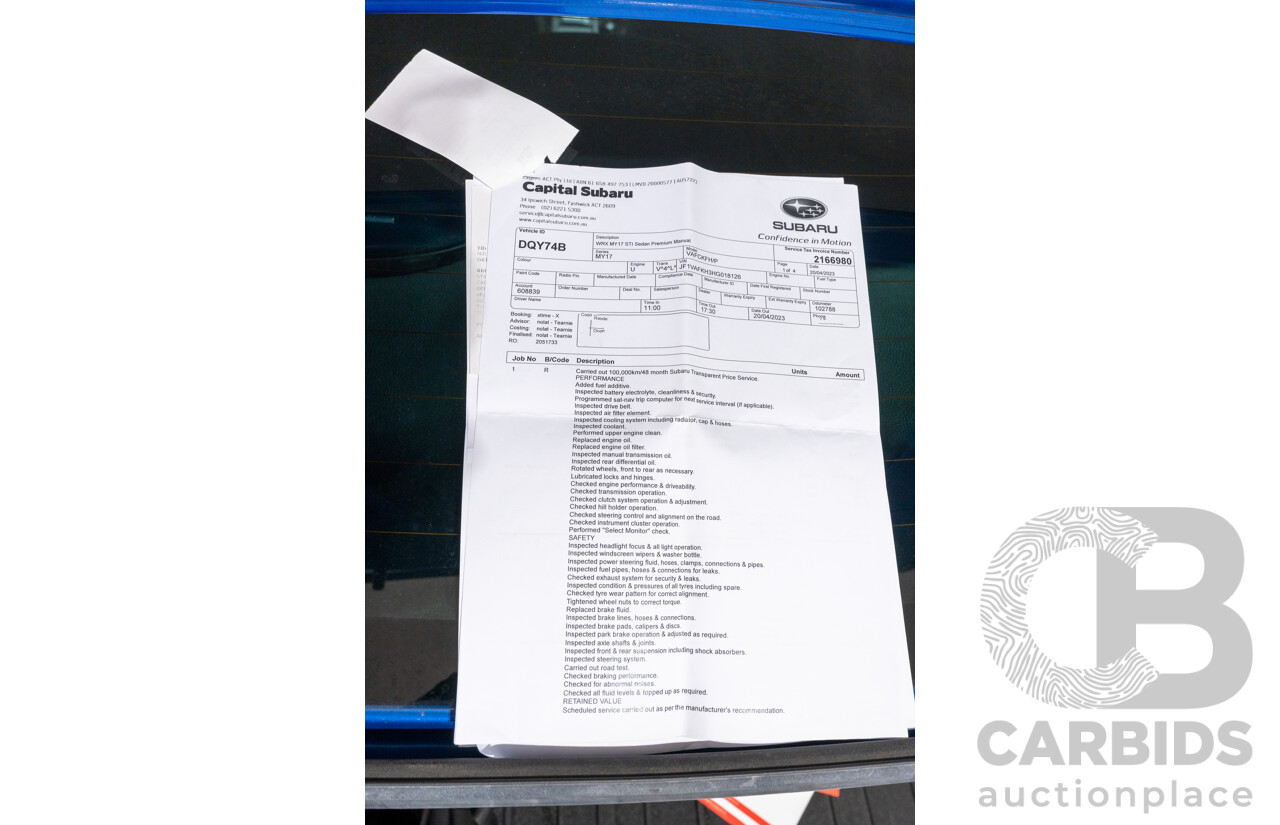 07/2017 Subaru WRX STI Premium (AWD) MY17 4D Sedan Lapis Blue Turbo 2.5L