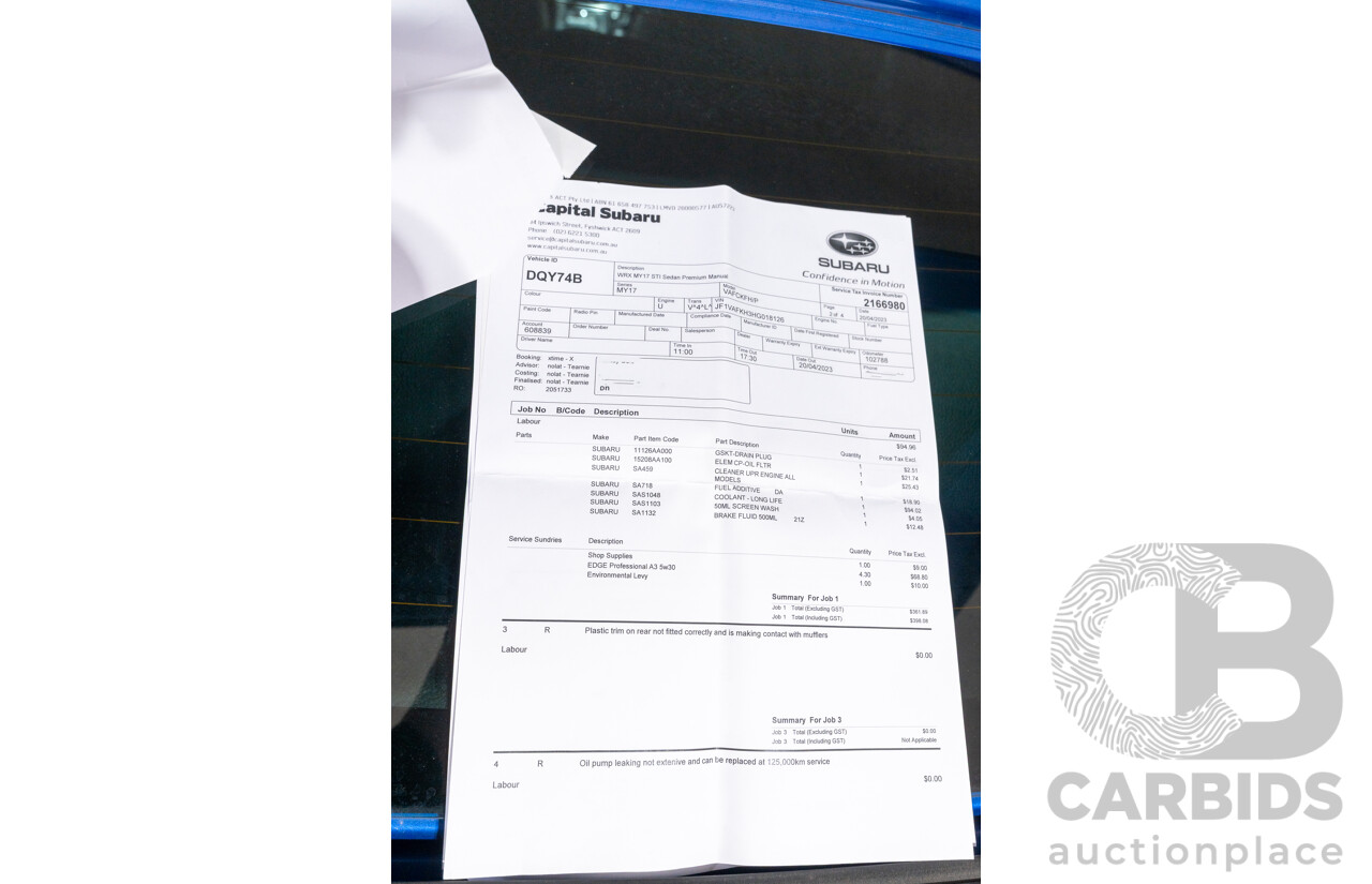 07/2017 Subaru WRX STI Premium (AWD) MY17 4D Sedan Lapis Blue Turbo 2.5L