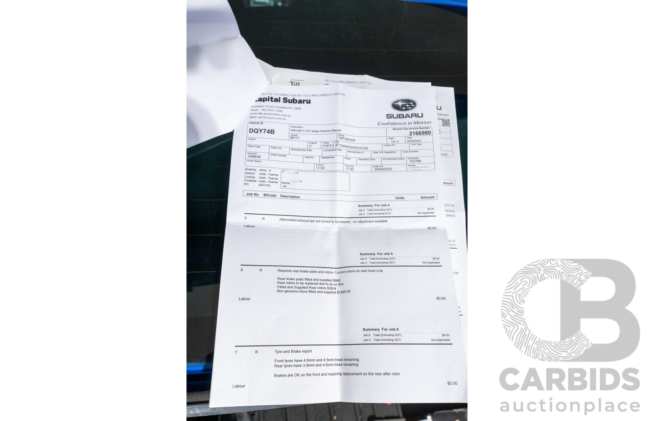 07/2017 Subaru WRX STI Premium (AWD) MY17 4D Sedan Lapis Blue Turbo 2.5L