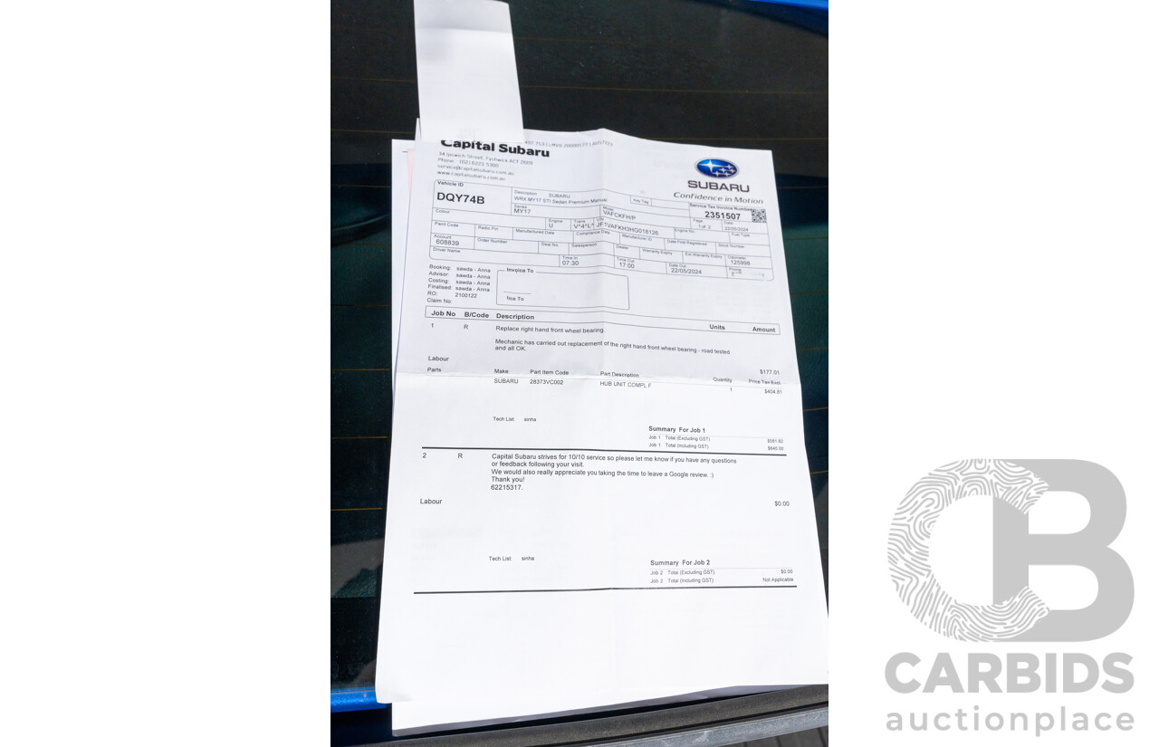 07/2017 Subaru WRX STI Premium (AWD) MY17 4D Sedan Lapis Blue Turbo 2.5L