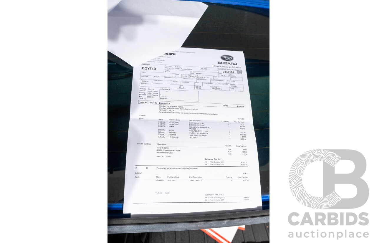 07/2017 Subaru WRX STI Premium (AWD) MY17 4D Sedan Lapis Blue Turbo 2.5L