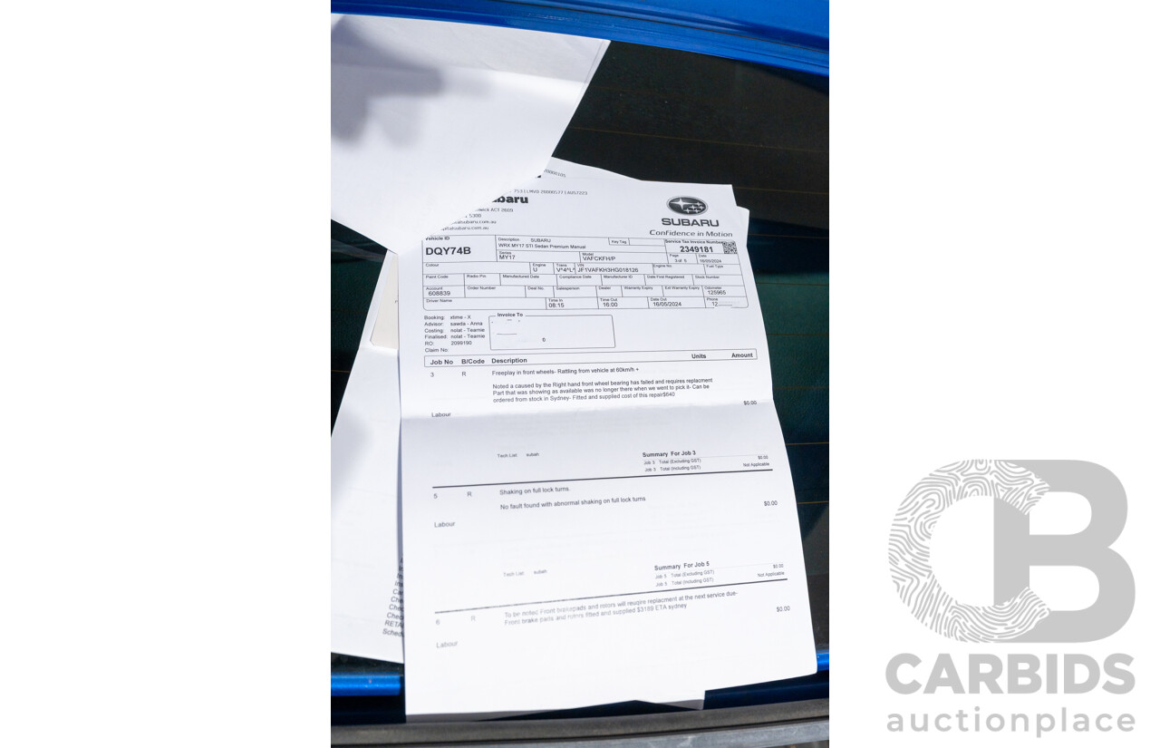 07/2017 Subaru WRX STI Premium (AWD) MY17 4D Sedan Lapis Blue Turbo 2.5L