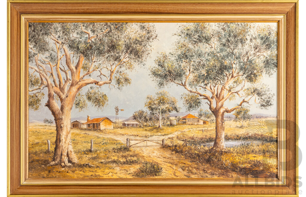 Ernst Wagnitz (20th Century, German-Australian, Active C1970s), Twilight, Station by Gladstone, South Australia (1975), Original Vintage Oil on Canvas Board, 64H x 94W cm (frame)