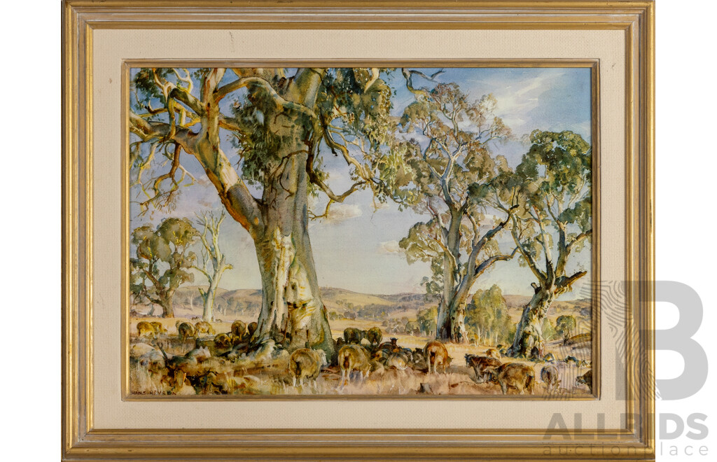 Hans Heysen, (19/20th Centuries, German-Born Australian, 1877-1968), South Australian Pastoral, Vintage Print on Board After Original Watercolour, 52H x 68W cm (frame)