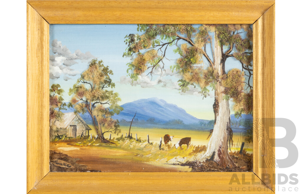 Alison Willis, (20th Century, Australian), Australian Bushscape - Cows Grazing I, Unique Vintage Mixed Media Australian Ti-Tree Bark, Seaweed & Lichen, 21H X 28W Cm (frame)