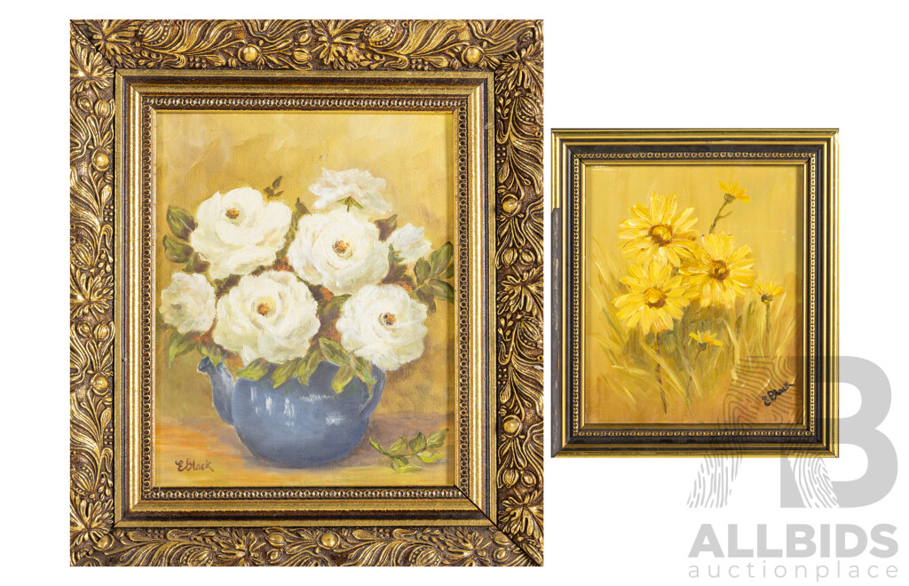 Elva Black (20th Century, Australian), Bowl of Roses and Growing Wild, Pair of Original Vintage Oils on Canvas Board/Board, 35H x 31W cm (frame largest) (2)