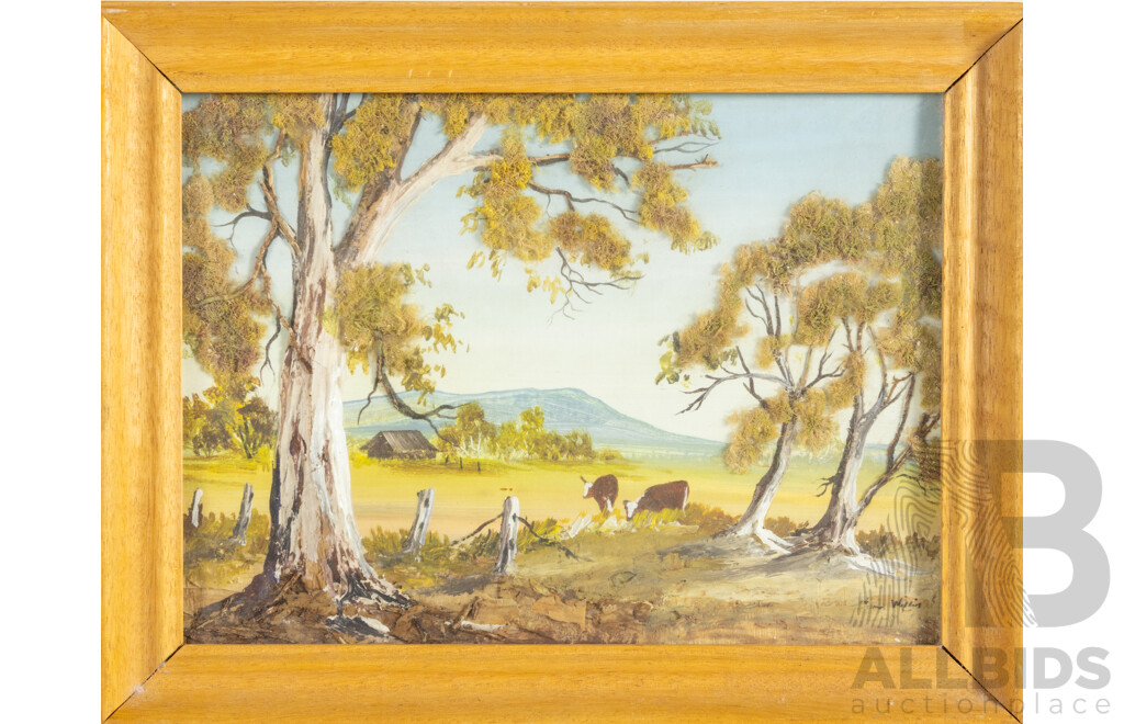 Alison Willis, (20th Century, Australian), Australian Bushscape - Cows Grazing II, Unique Vintage Mixed Media Australian Ti-Tree Bark, Seaweed & Lichen, 21H X 28W Cm (frame)