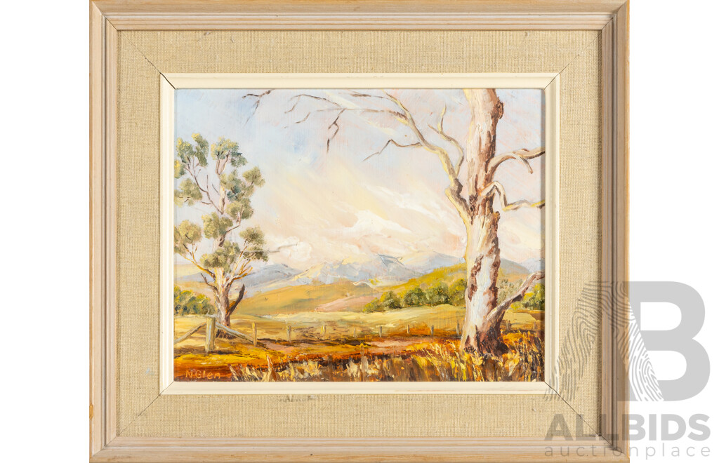 N.Glen, (20th Century), Golden Hills and Ghost Gums, Wonderful Original Vintage Oil on Masonite, 30H x 36W cm (frame)