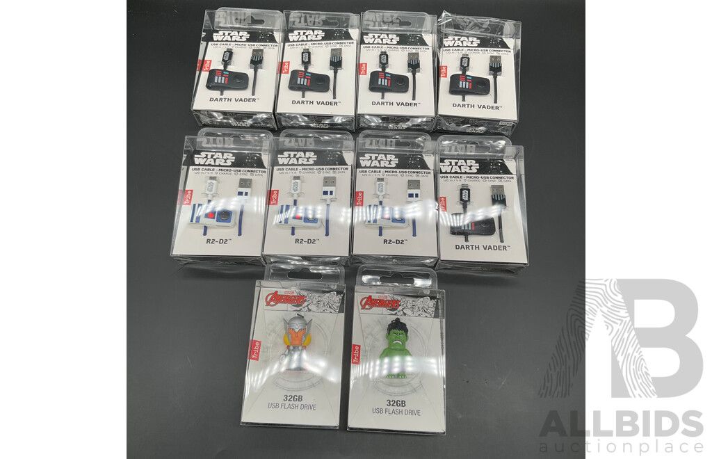 STAR WARS USB Cables and MARVEL AVENGERS 32GB USB Dlash Drives - Lot of 10
