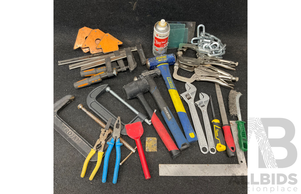 Assorted Welding Tools and DeWALT Tool Bag
