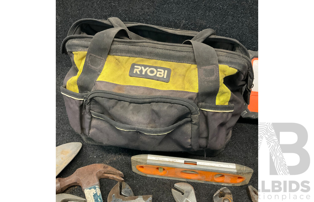 Assorted Hand Tools, ARLEC Work Light and RYOBI Tools Bag